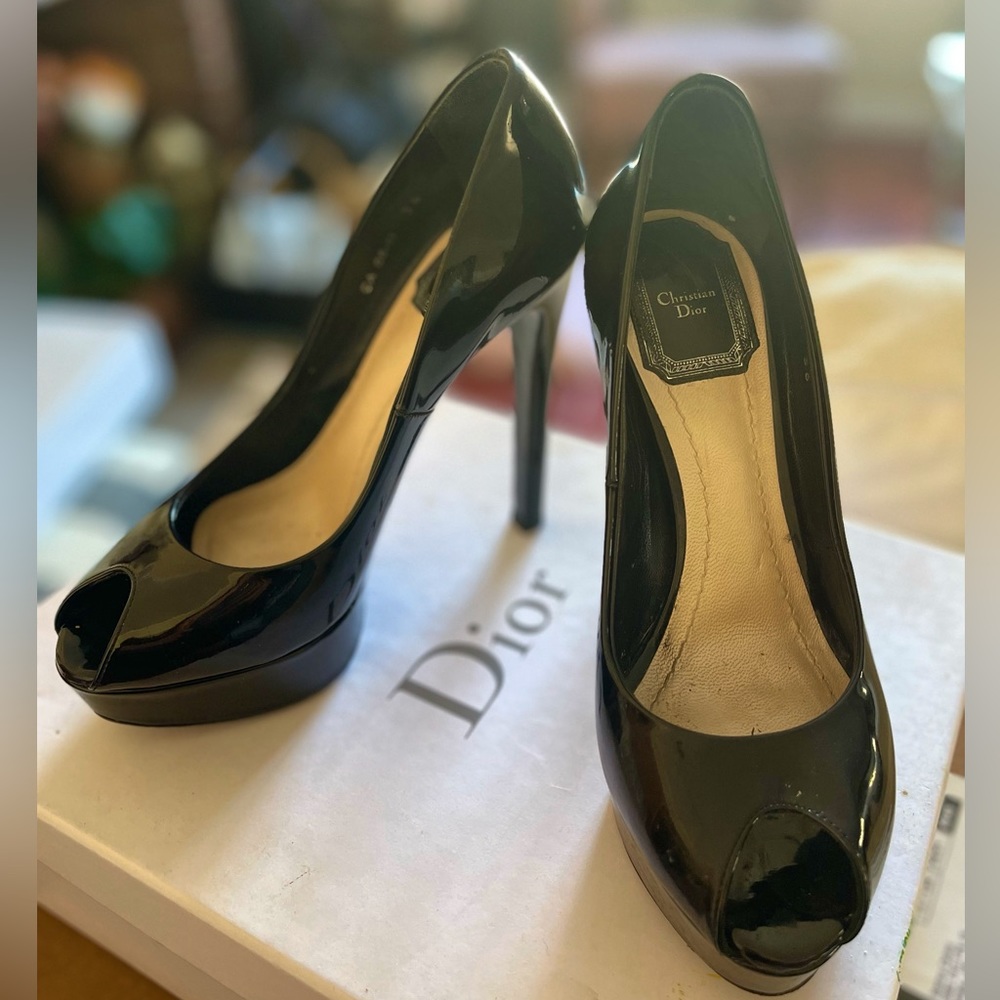 Authentic Christian Dior Miss Dior Peep Toe Platforms, Black Patent Leather